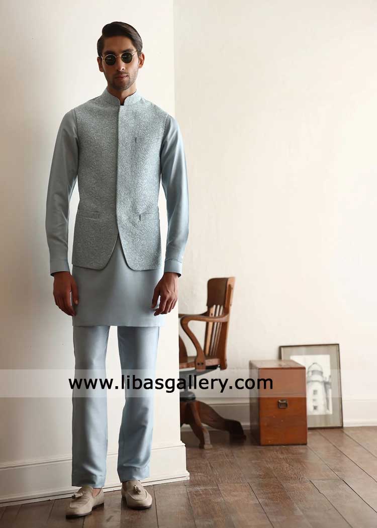Majestic Embroidered light blue groom waistcoat for nikah wedding USA