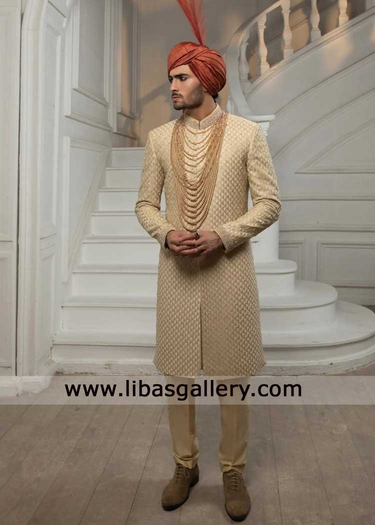 light gold luxe groom wedding sherwani for groom with intricate hand embroidery on collar cuff Sydney Abu dhabi Sugarland London light gold luxe groom wedding sherwani for groom with intricate hand embroidery on collar cuff Sydney Abu dhabi Sugarland London