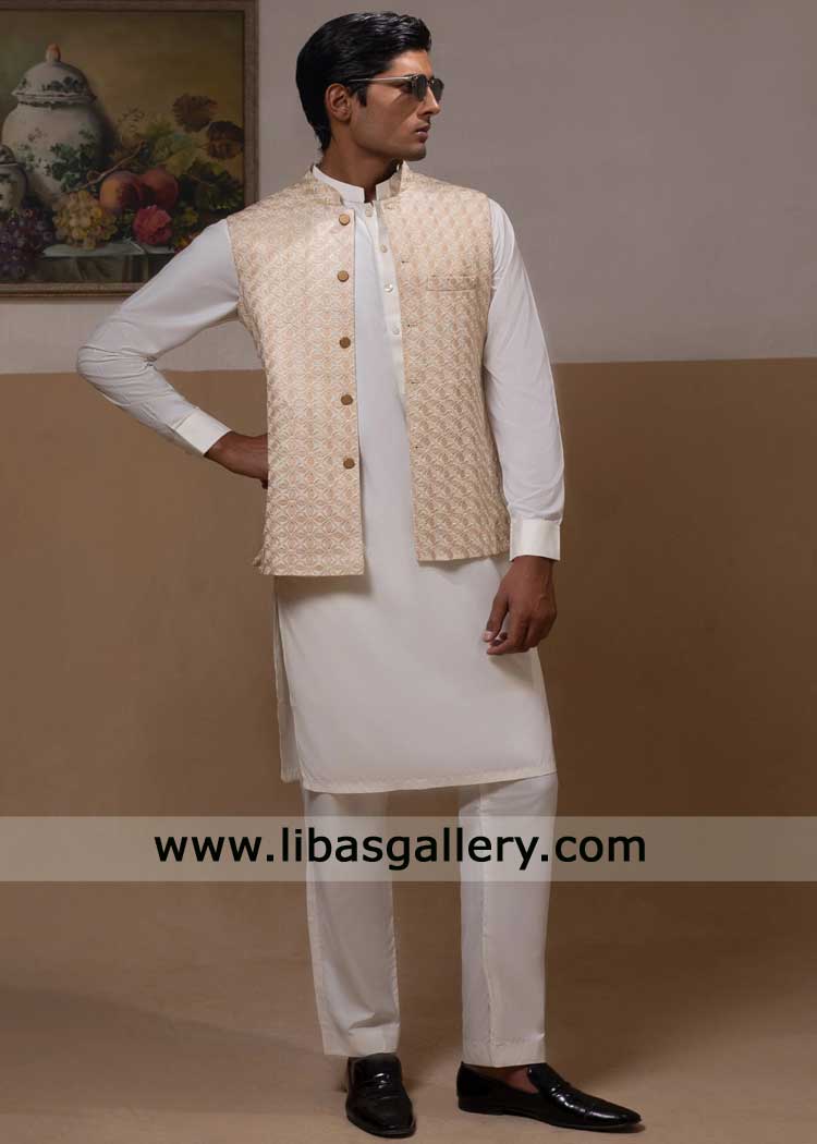 Pakistani Light Gold Men Embroidered Waistcoat for occasion Nashville USA