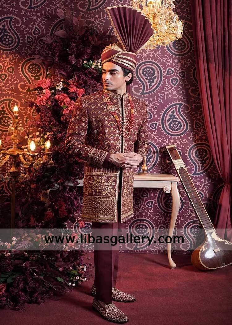 Groom Nikah Maroon hand Embroidered Sherwani Denver USA | Nikah Wear Groom Nikah Maroon hand Embroidered Sherwani Denver USA | Nikah Wear