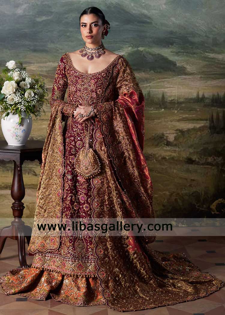 Maroon Jamawar bridal lehenga with heavy hand embellished shirt | Nikah wear Maroon Jamawar bridal lehenga with heavy hand embellished shirt | Nikah wear