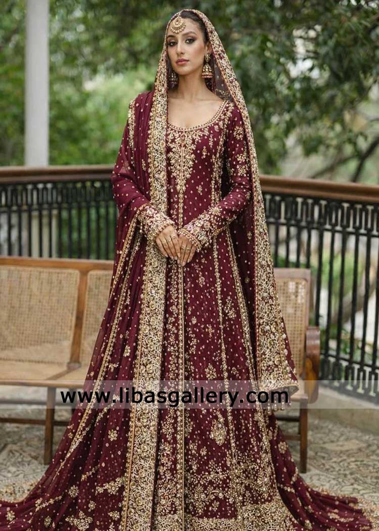 Majestic Maroon Bridal Gown for Nikah with Gold hand work – Hand Embellished Bridal Couture Sydney Australia