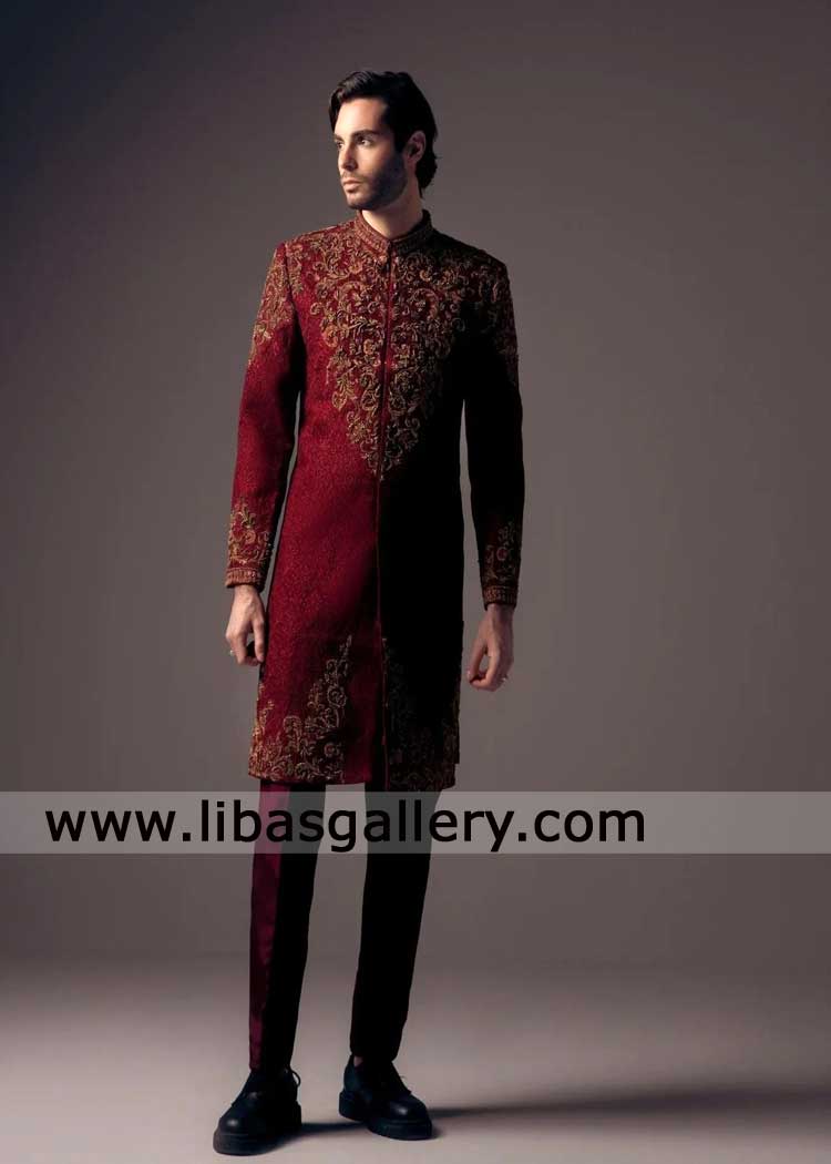 Regal maroon silk sherwani intricate self and antique embellishments craftsmanship shines through copper red accents London California Dubai Regal maroon silk sherwani intricate self and antique embellishments craftsmanship shines through copper red accents London California Dubai