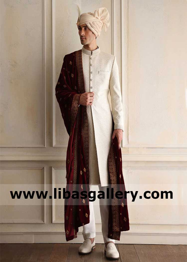 Maroon wedding shawl with antique intricate embroidery on borders Maroon wedding shawl with antique intricate embroidery on borders