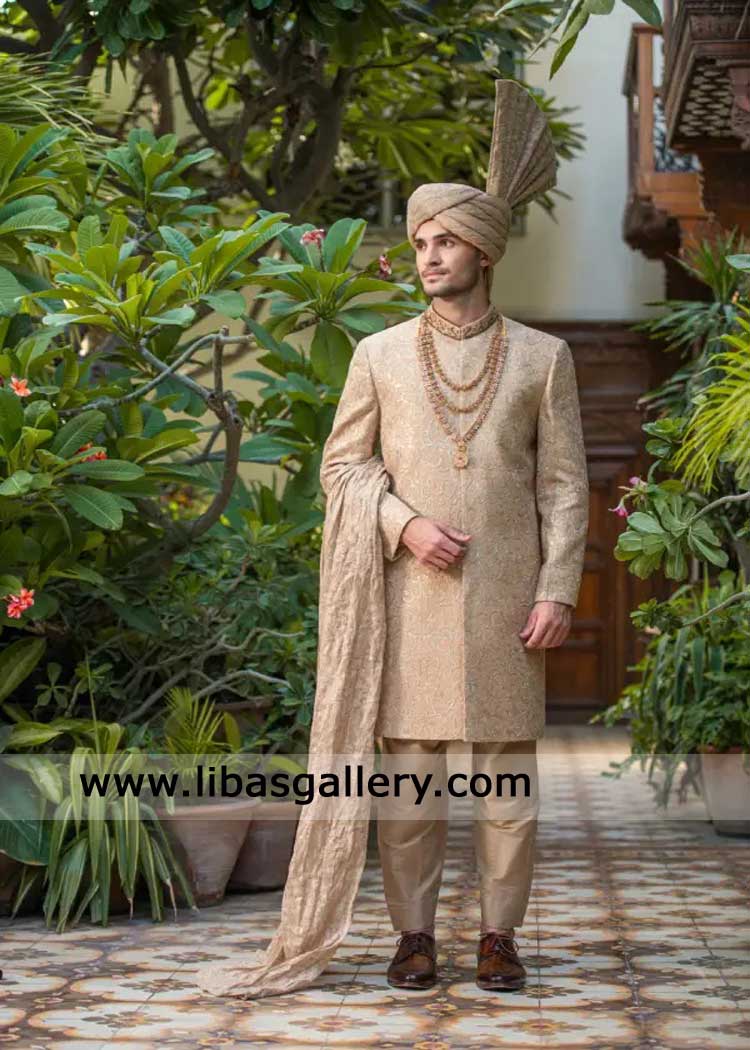regal sherwani in mat gold for groom nikah ceremony UK with turban regal sherwani in mat gold for groom nikah ceremony UK with turban