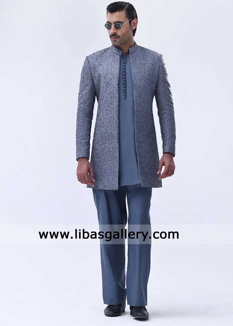 Blue Embroidered open Prince Coat for Groom-Luxury Wedding Outfit for Nikah Barat California Sugarland USA Blue Embroidered open Prince Coat for Groom-Luxury Wedding Outfit for Nikah Barat California Sugarland USA