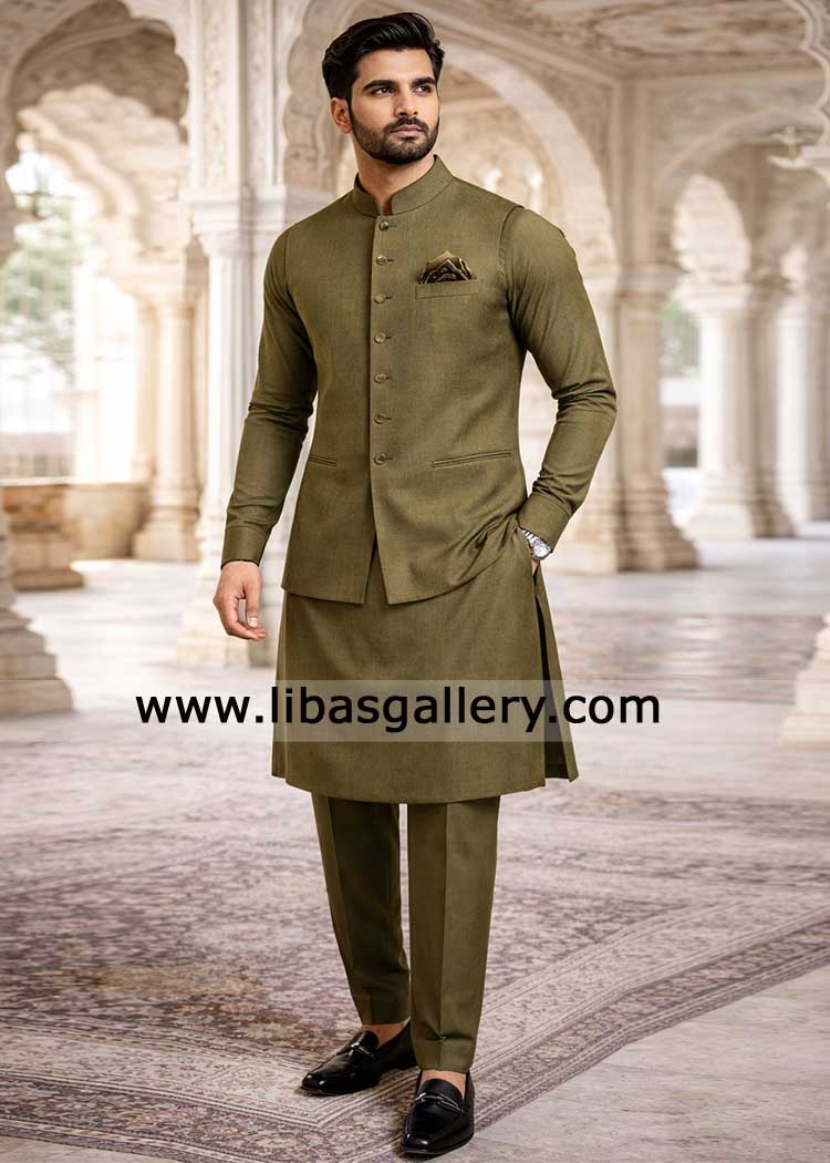 Mehndi Green premium fabric raw silk waistcoat style for men mehndi and engagement with matching kurta pajama Miami Toronto Dubai Germany