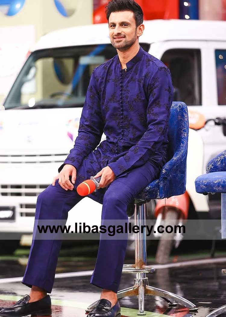 Tuna fish color Embroidered Eid kurta with matching loop buttons and trouser Shoaib malik cricketer wearing in show UK USA Canada Australia Dubai
