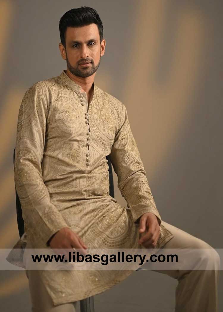 Heavy embroidered Men kurta and trouser for Eid and and Special occasion Shoaib Malik Cricketer looking smart California Vancouver Dubai Singapore Sydney
