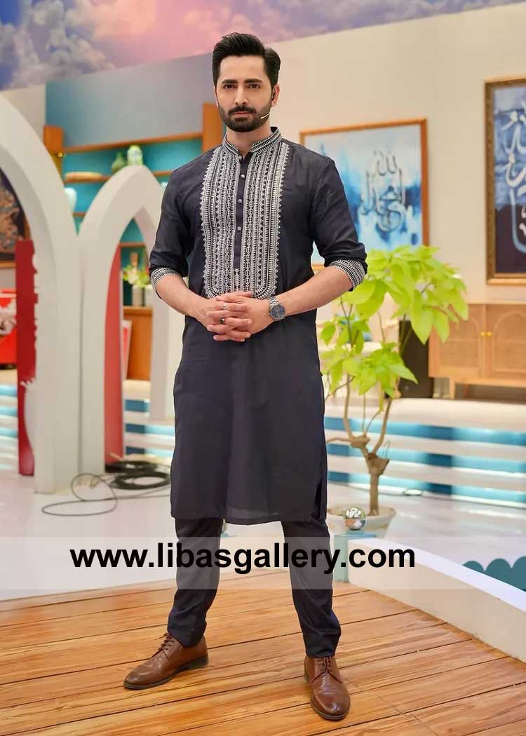 Festive embroidered men kurta pajama suit for party event and occasion decorated with fancy thread embroidery on collar cuff front California London Dubai