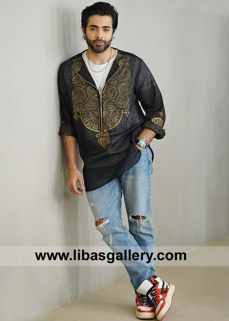 celebrity Lapel style black gold embroidered men kurta Sheheryar Munawar wearing on jeans buy online for Eid UK USA Canada Australia Dubai