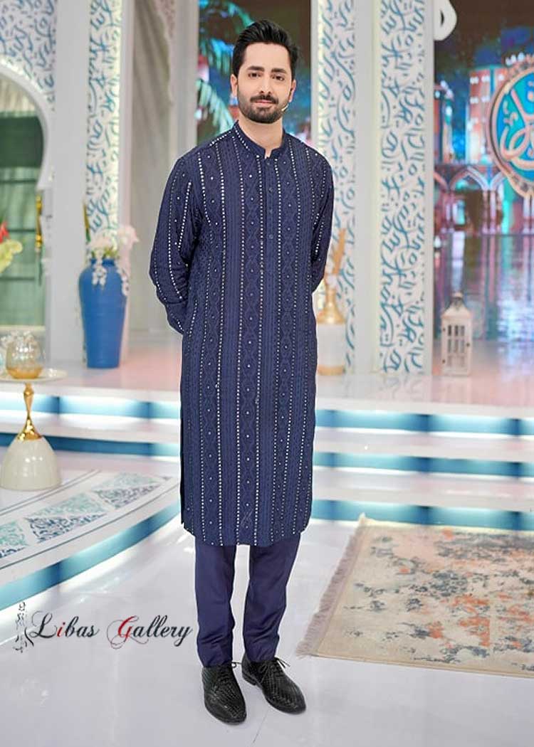 Navy blue embroidered kurta and pajama for men Danish Taimoor wearing exclusive for Eid festive collection Tennessee Nashville Memphis Texas Austin USA