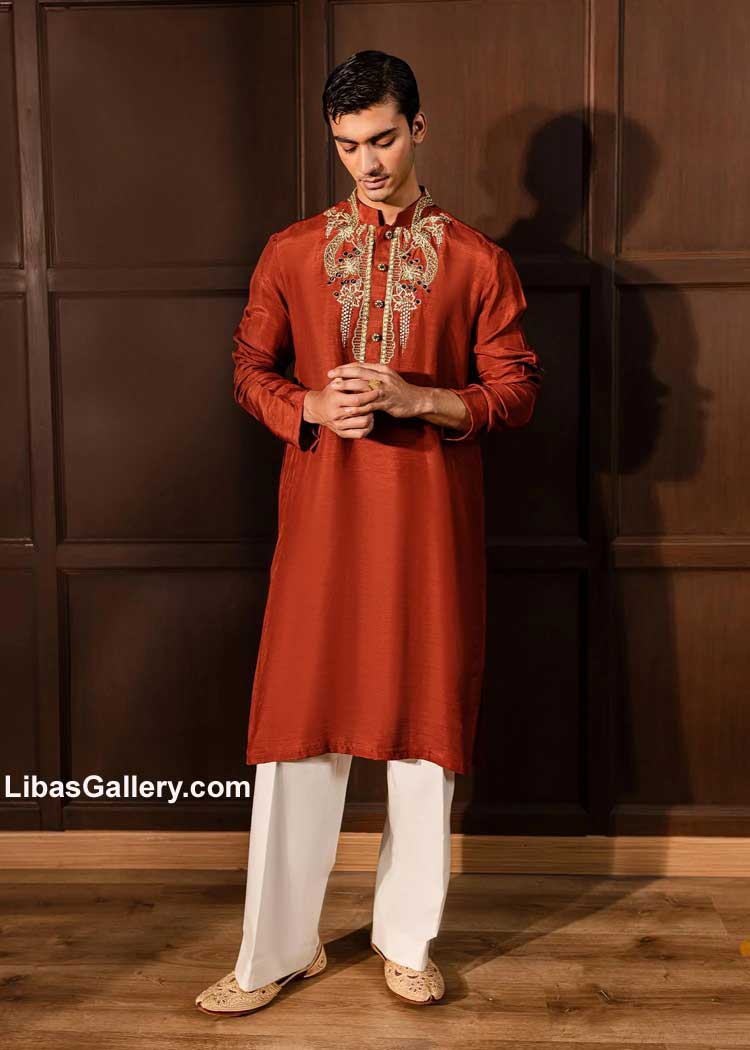 Rustic orange Men kurta in Korean Raw silk high Quality hand embellished neckline and beautiful adda work buttons and Pants South Carolina South Dakota Tennessee USA