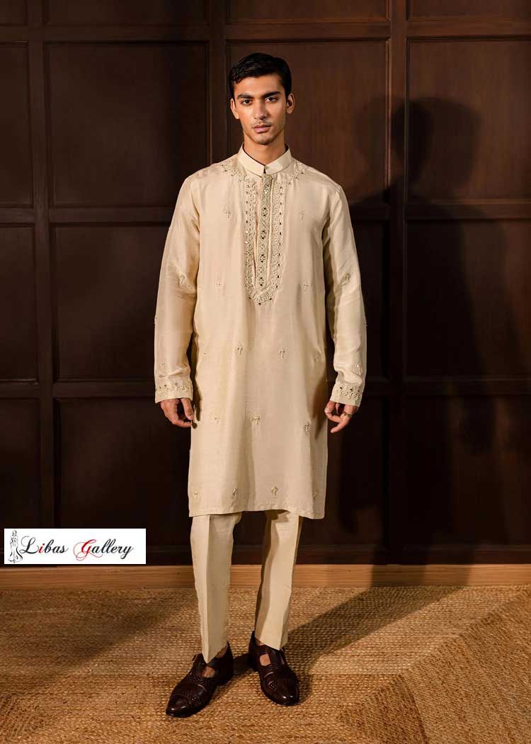 Oat Shade Male Event kurta with sheesha and Dori work Aztech paired with matching pants create story in party event Maryland Annapolis Baltimore Massachusetts USA