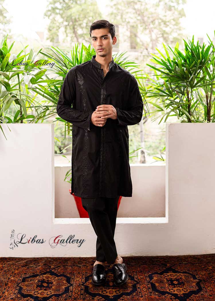 Black on black cotton self embroidery Brunette kurta with front open hidden placket and a casual cut paired with pants Peterborough Plymouth Portsmouth UK