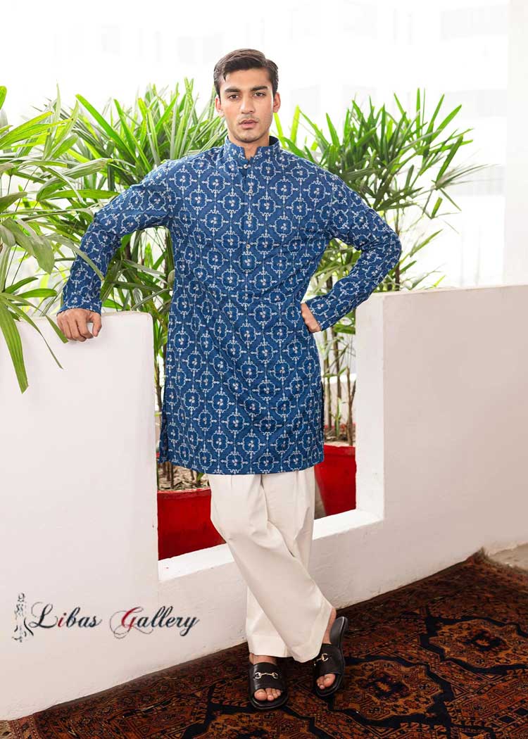 Elevate Lapis Navy blue cotton kurta with Turkish style embroidery in accent colors of blue compliment with pants Brisbane Sydney Perth Australia