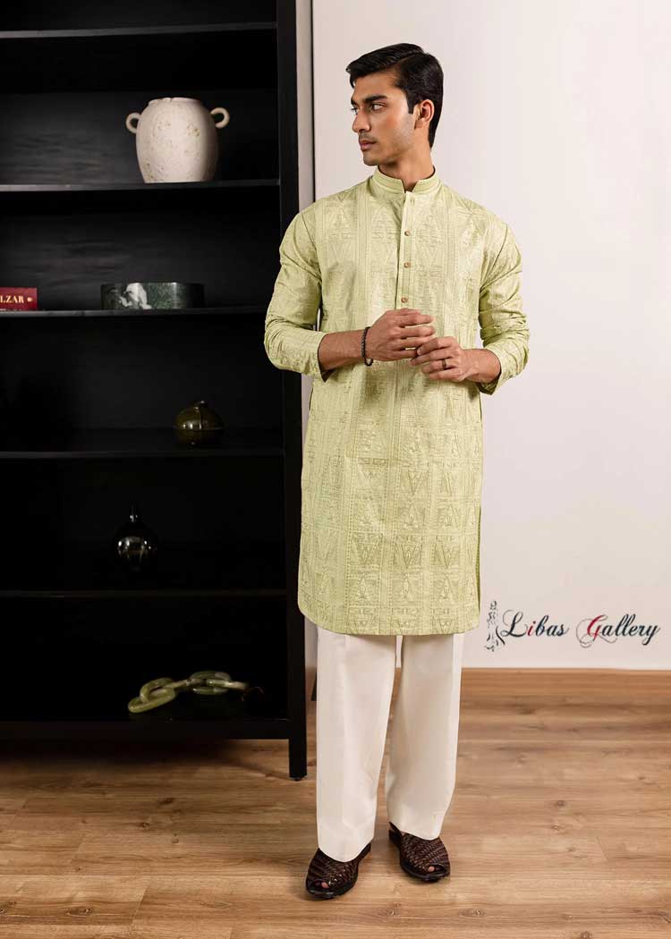 Mint Green color Self Embroidered Classic Men Kurta in Premium Cotton paired with white Trousers for festive occasion Indiana Illinois California USA