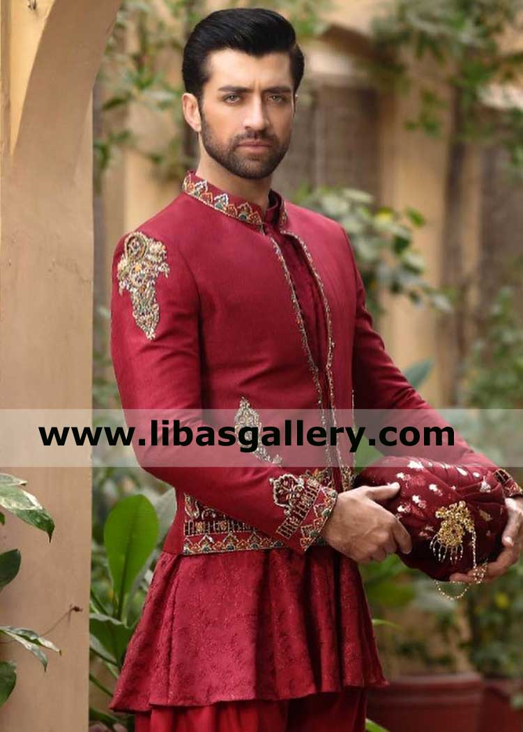 Men Maroon Embroidered Short length Wedding Prince Coat for Nikah Barat hand embellished with matching anarkali kurta pajama Sugarland Toronto Perth Dubai
