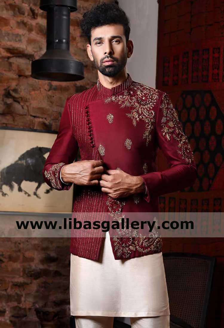 Majestic Maroon Raw silk Angrakha style Men prince coat with thread embroidery and light gold raw silk kurta pajama inner Perth Sydney Brisbane Australia