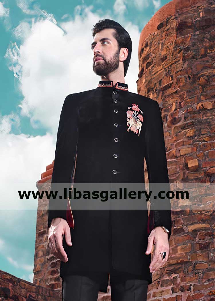 Black Velvet hand Embroidered Multi hued Men Prince Coat outfit for special occasion and wedding attendant Georgia Washington Sugarland USA