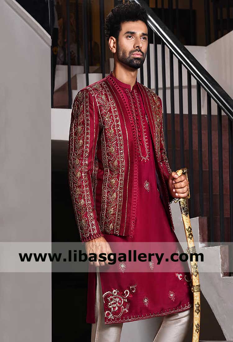 Red Open Style Jodhpuri Embroidered Jacket for Men with embroidered matching kurta gray raw silk trouser for mehndi and nikah day UK USa Dubai Australia