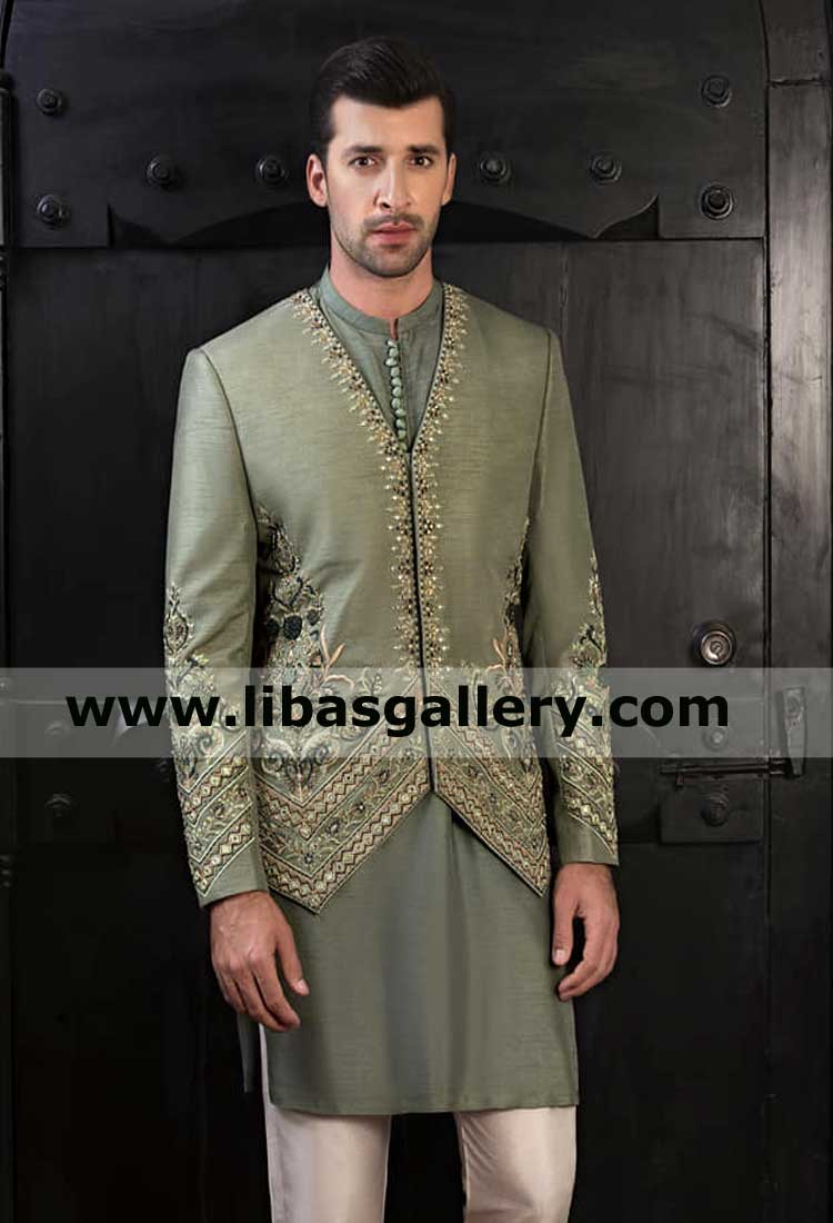 Raw silk V Neck Olive Green Jodhpuri Style Men Mirror work Embroidered Marriage Jacket with matching kurta and white trouser Germany France Qatar Saudi Arabia Dubai