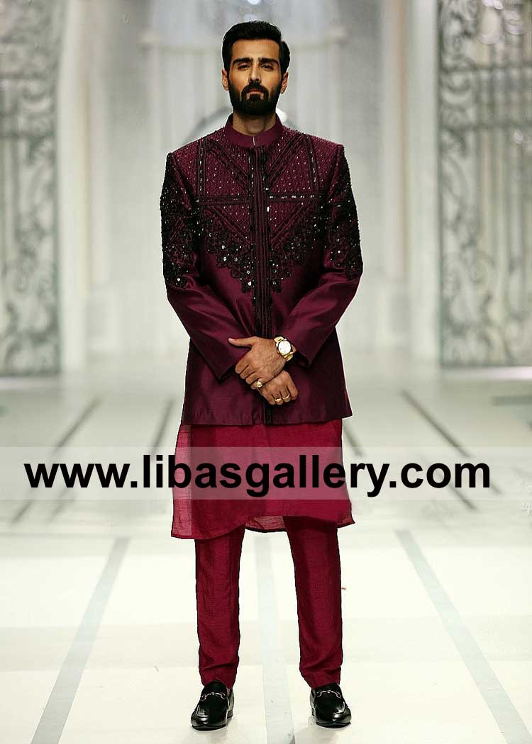 Hasnain Lehri in Magenta Hand Embellished Prince coat with Inner for Groom Kora Dabka thread hand work on chest and arms UK USA Saudi Arabia Dubai France