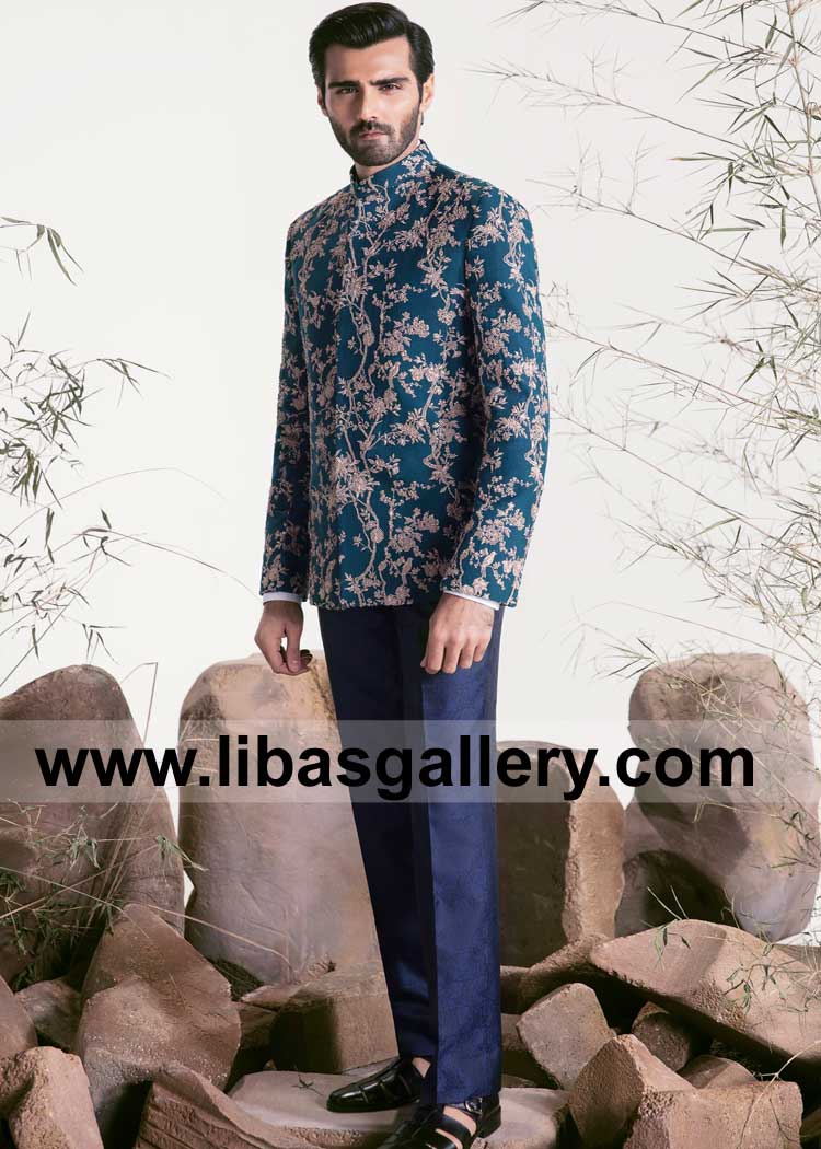 Hasnain Lehri in Teal Color Wedding Prince Jacket with Beige Floral Hand Embroidery All Over on Karandi Fabric for Nikah Barat France Germany South Africa