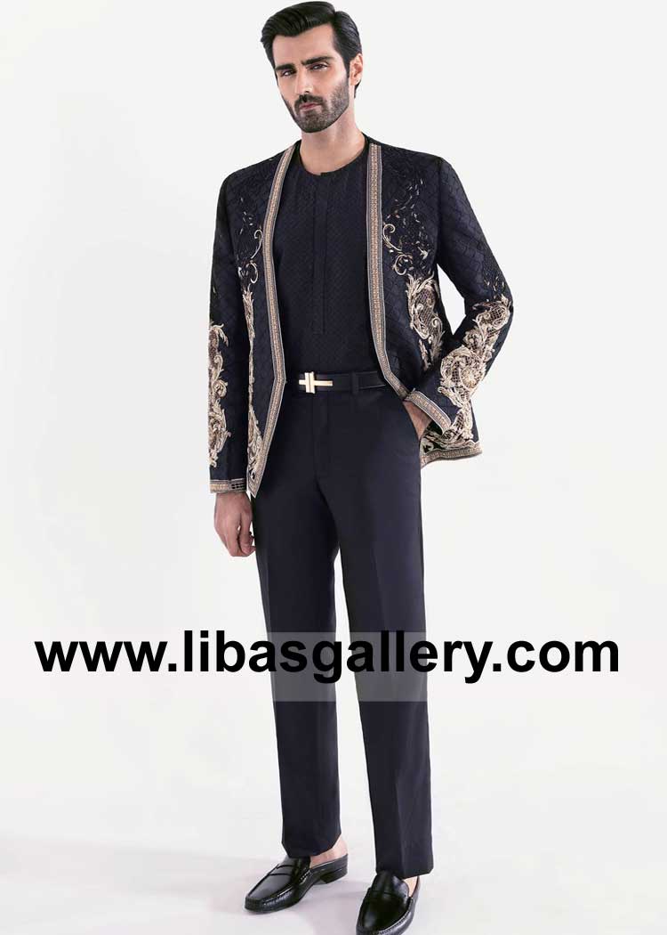 Hasnain Lehri in Black Embroidered Groom Prince Jacket with Gold Hand Embroidered Baroque Motif paired with Inner shirt and pants Bangladesh Bahrain Saudi Arabia