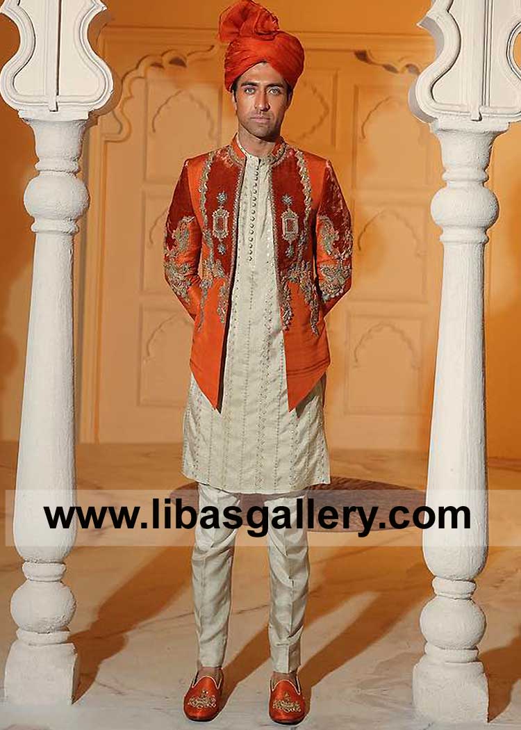 wedding jacket orange short length with intricate hand crafted 3d embellishment technique work velvet applique on neckline Philadelphia Pittsburgh Jacksonville USA