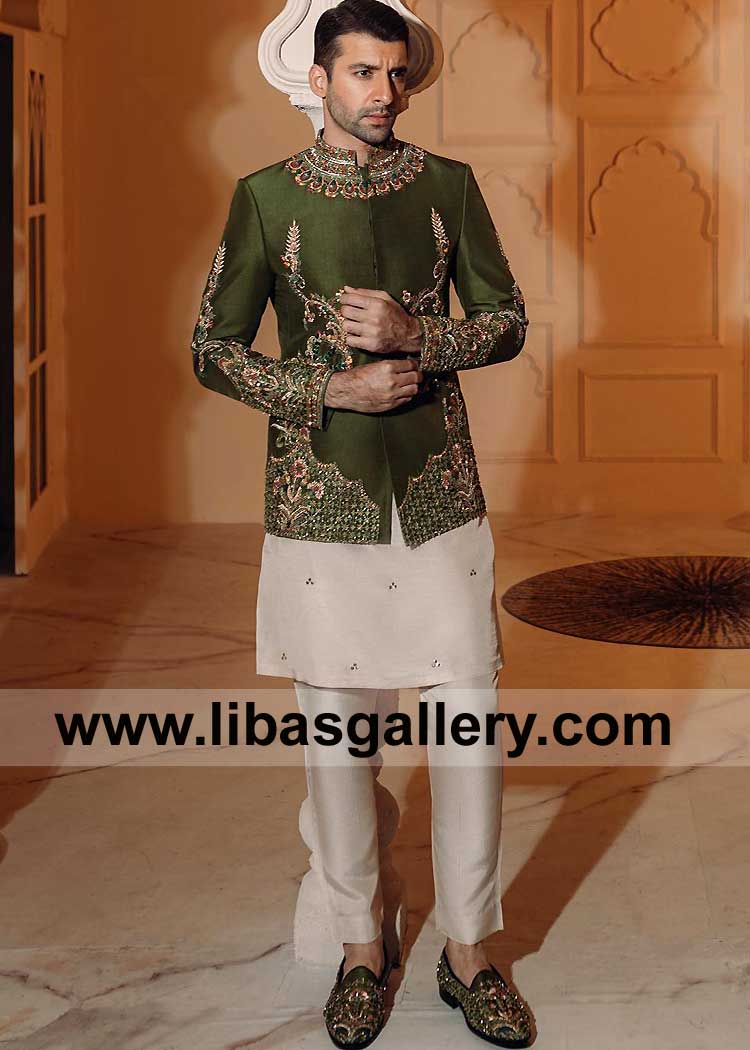 Army Green hand crafted and Mirror Techniques Prince Coat Suit for Men Marriage with Turban inner and matching shoes Cardiff Manchester Stoke-on-Trent Coventry London UK