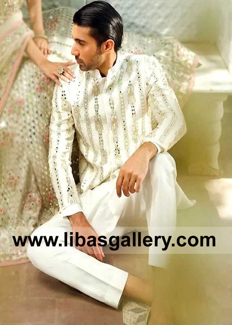 White Raw Silk Prince Coat Timeless Elegance for Wedding telling Full Love Story of Groom with Bride on Nikah Lincoln Plano Sugarland USA