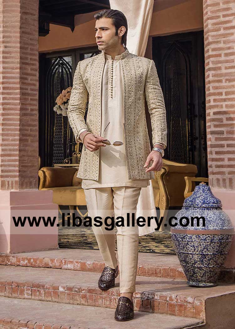 Ivory Gold Groom Maysuri Prince Coat Suit to stay with New Fashion for Nikah Moments 𝑝𝑒𝑟𝑓𝑒𝑐𝑡 𝑔𝑟𝑜𝑜𝓂 𝑑𝑟𝑒𝑠𝑠 𝑓𝑜𝑟 𝑦𝑜𝑢𝑟 𝑒𝑛𝑐ℎ𝑎𝑛𝑡𝑒𝑑 𝑤𝑒𝑑𝑑𝑖𝑛g UK USA 