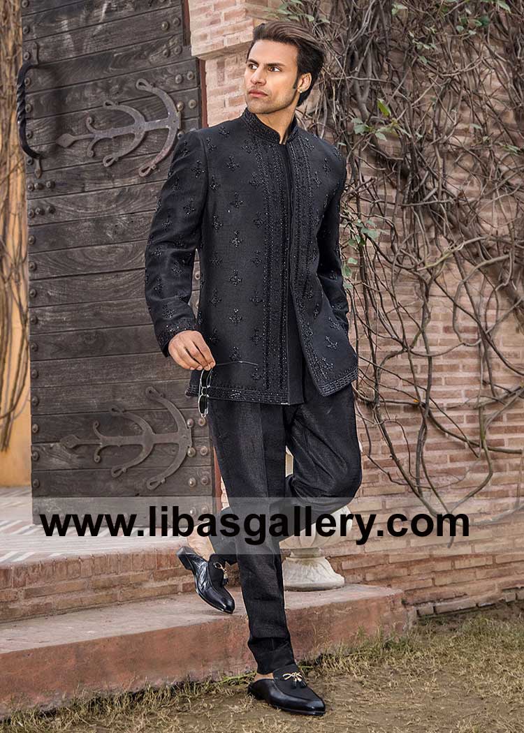 Black Heavy Embellished Groom Prince Coat for Nikah with pants crafted by Luxury Raw Silk Fabric and kora work Stockton Riverside Boston USA