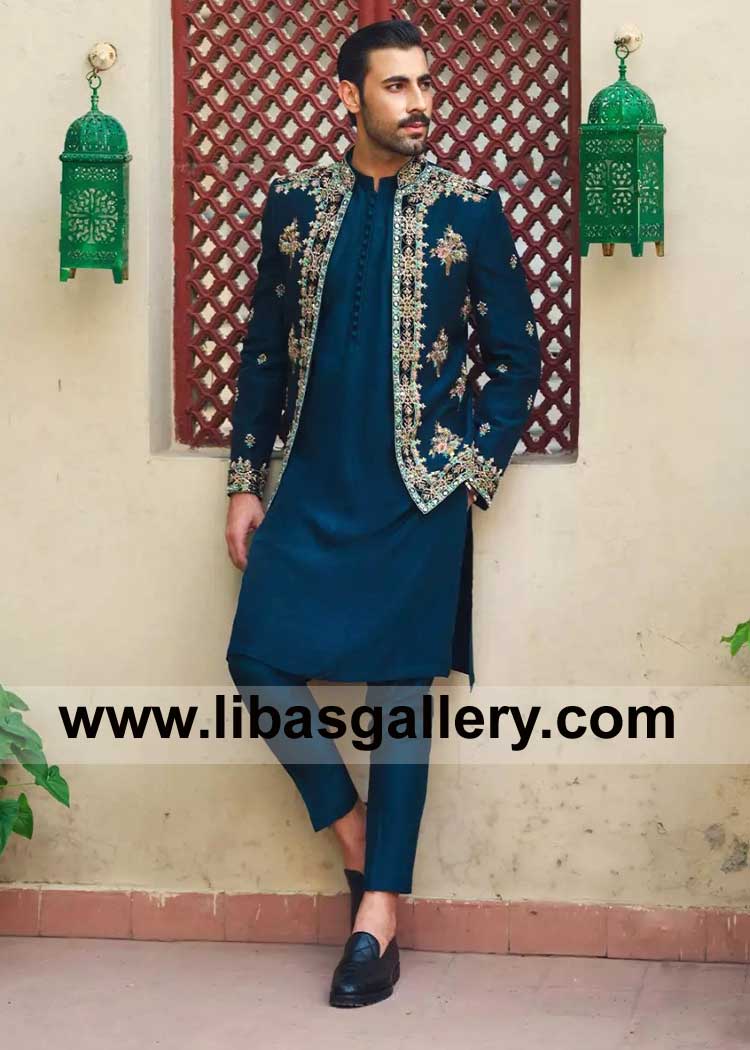 Deep Teal Hue Prince Coat with Copper Gold Accents hand embellishment paired with matching Kurta Trouser Chicago Houston Phoenix USA