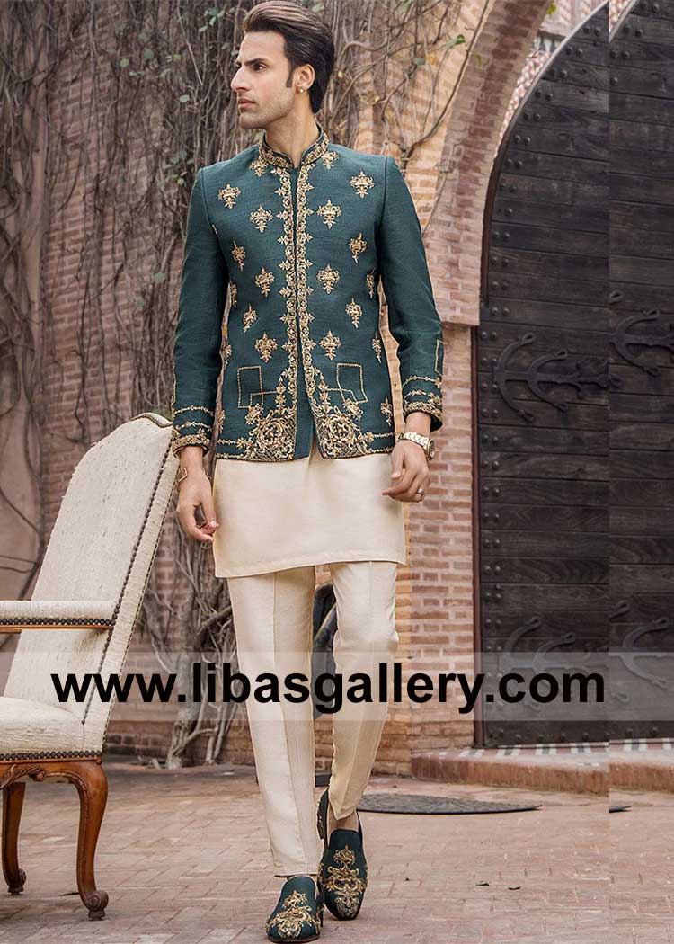 Teal Green Gold Embroidered Prince Coat with inner crafted in Pakistan Available for delivery in New York Los Angeles and California USA