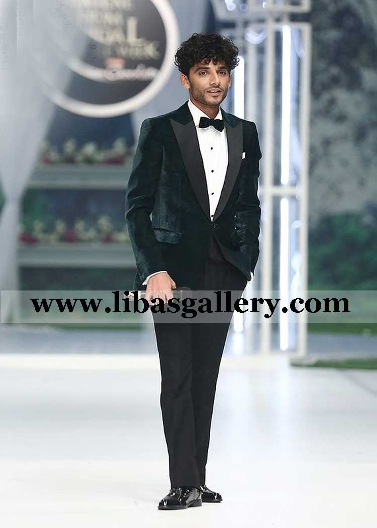 Emerald Green Velvet Tuxedo American Lapel paired with Black Armani Bell Bottom Belt White Pintex Shirt Emerald Green Velvet Bow southhall london glasgow uk