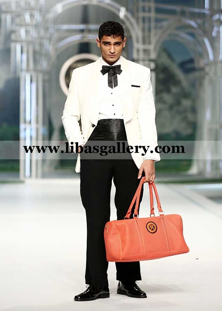 White Self Velvet Tux detailed 1 Button Round Lapel paired with Super Black Pants and White Pintex Shirt Satin Belt Bow qatar kuwait oman