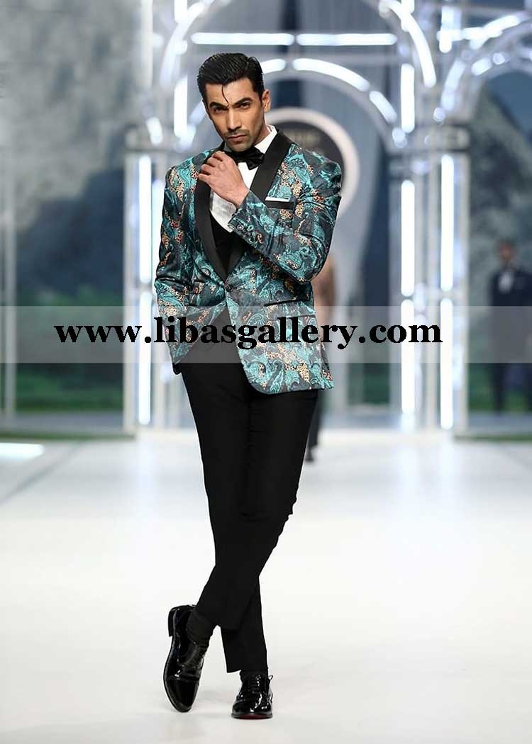 Snake Printed Tux with A Round Lapel and Black Armani Waistcoat and Straight Black pants white Pintex Shirt Black Satin Bow 