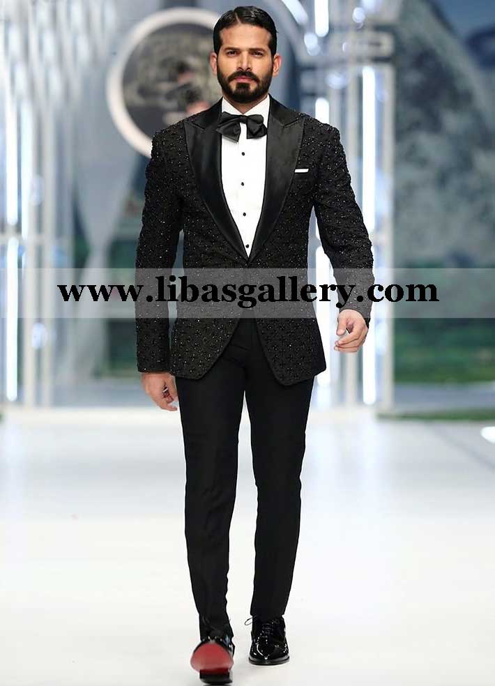 Groom Black Embossed Cut Dana fancy work Tuxedo suit with American Satin lapel paired with Black Armani straight pants White pintex shirt saudi arabia china france