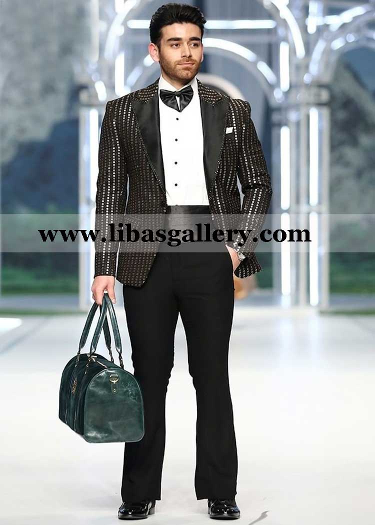 Black Golden sequins Tuxedo American Satin lapel paired with Black Armani bell bottom and White pintex shirt belt bow qatar kuwait saudi arabia oman