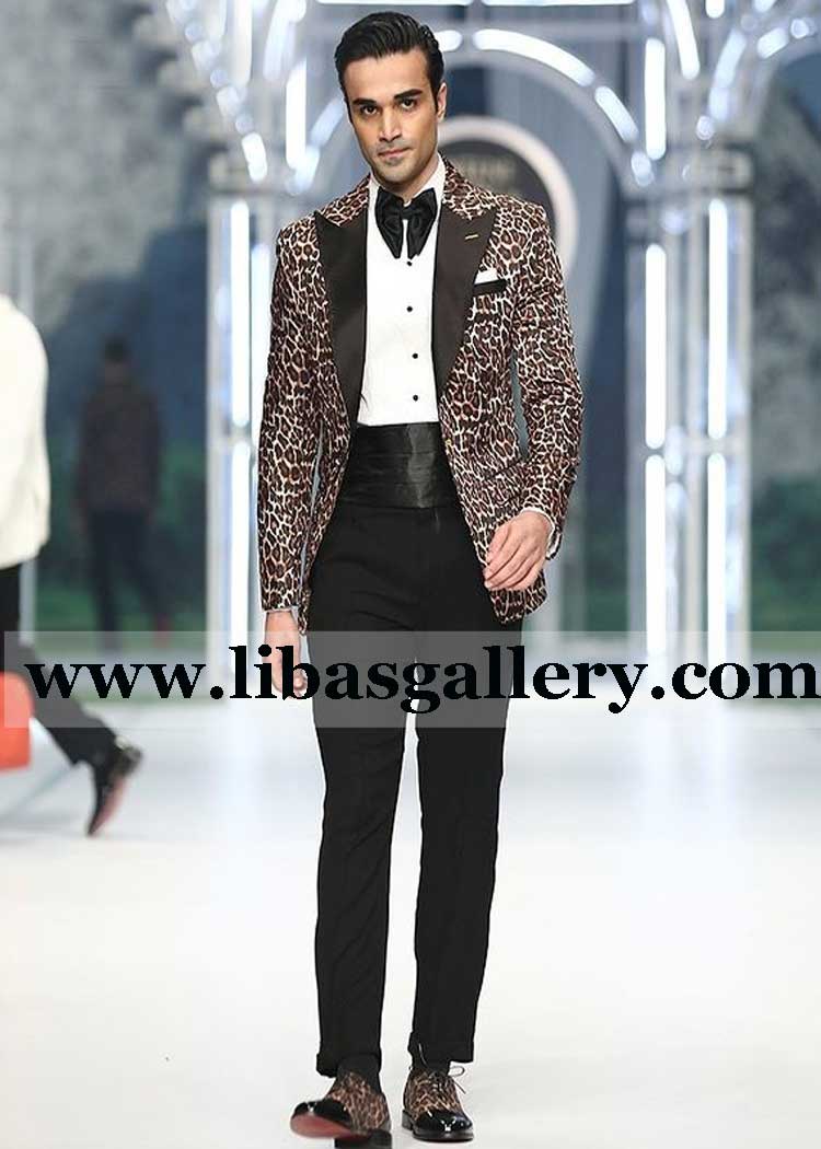 Cheetah Print Tuxedo detailed American Lapel paired with Straight Black Pants satin belt and bow for men uk usa canada dubai australia