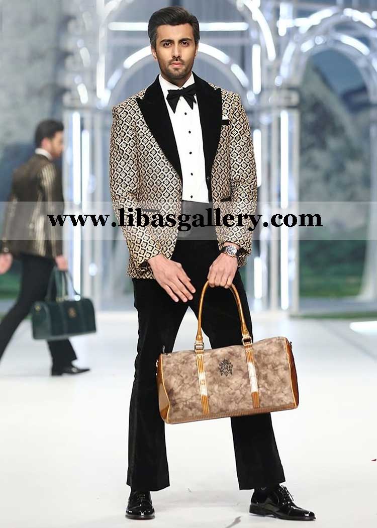 Golden Embossed fancy Hand work groom tuxedo suit with cut dana embellishment velvet lapel paired with bell bottom belt bow italy japan england