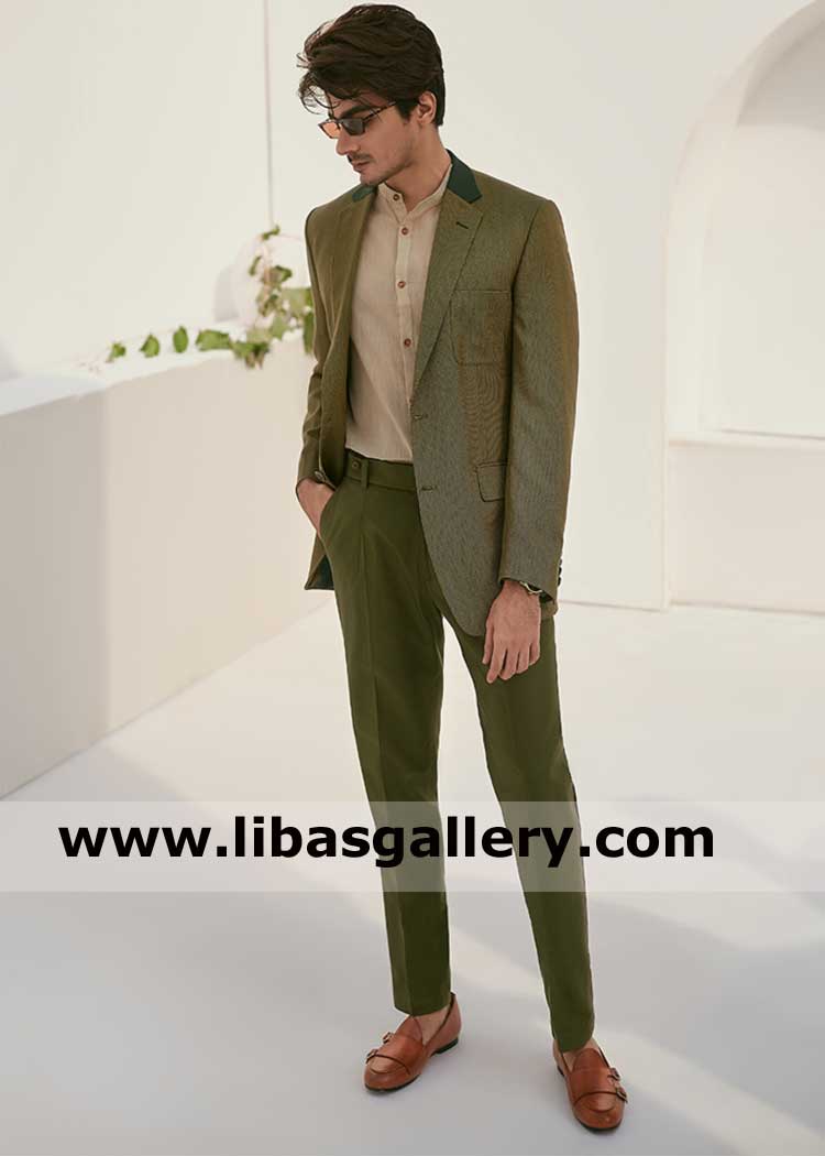 Pakistani green coat pants new suit design for Waleema day imported fabric italian stitched by expert tailor UK USA Canada Australia Dubai