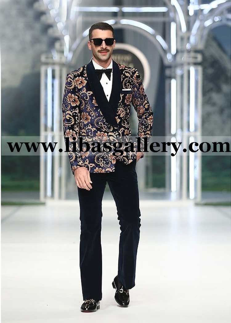 Blue Floral Printed Velvet men Tuxedo double breasted with blue velvet bell bottom black bow uk usa france