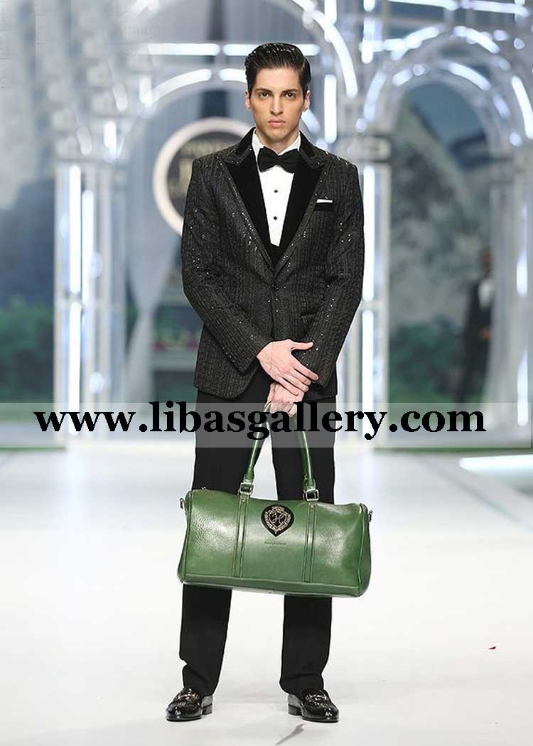 Black Embossed Tuxedo for groom in Velvet American lapel paired with Black armani style waist coat pants bow london glasgow uk