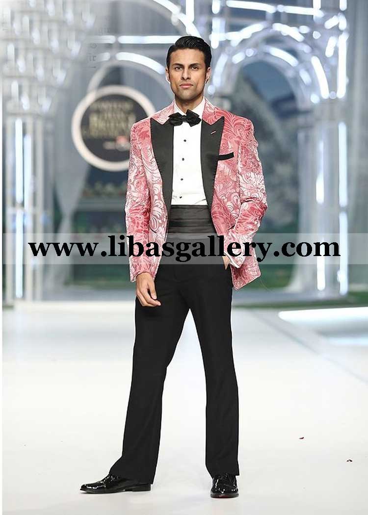 Pink Floral Self Velvet Tuxedo American Lapel Black Bell Bottom Belt White Pintex Shirt with Black Satin Bow australia dubai sweden