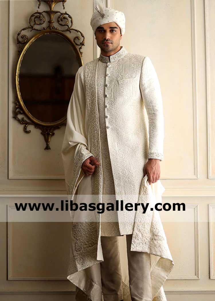 Eastern Style Off White Groom Wedding Shawl Self Embroidery on Borders and Pallu by Resham and Zari thread beautifully to wear on Sherwani UK USA Canada Australia Dubai