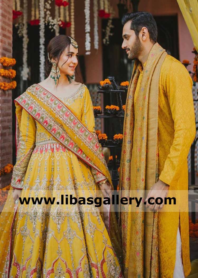 Wahaj Ali Wearing Gold Jamawar Royal Designer Wedding Shawl with Yumna Zaidi in Mehndi Haldi Event with Yellow Kurta UK USA Canada Australia Dubai
