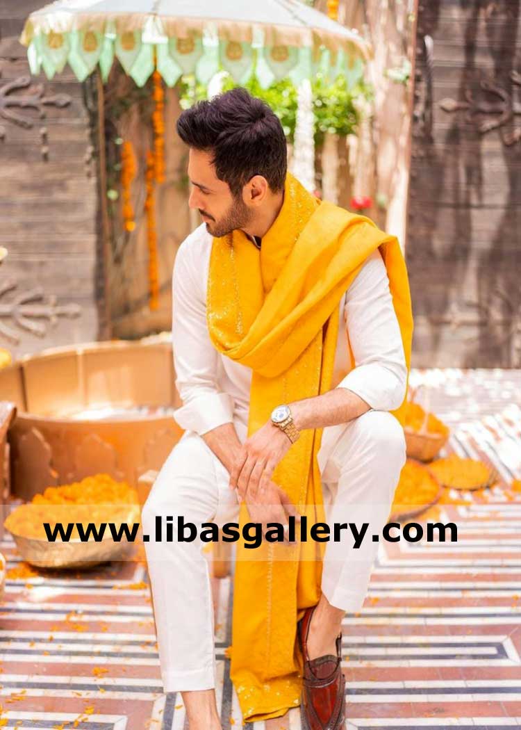 Wahaj Ali in Beautiful Yellow Embroidered Designer Wedding Shawl for Mehndi Mayon Haldi with White Kurta Trouser Suit New york Toronto Perth Dubai London